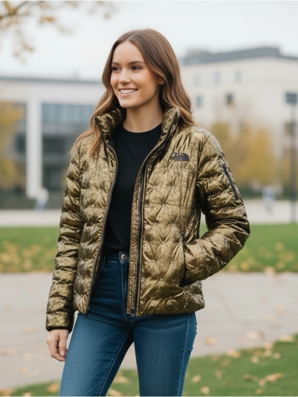 North Face Womens Gold Puffer Winter Jacket Metallic Black Bubble Puff SP